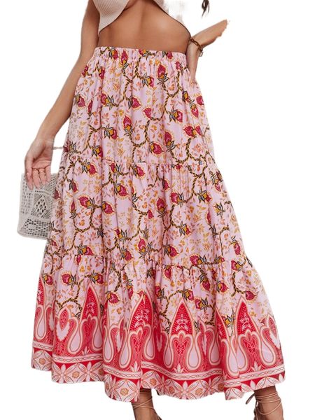 

high waist floral print ruffle hem skirt g4e6#, Black