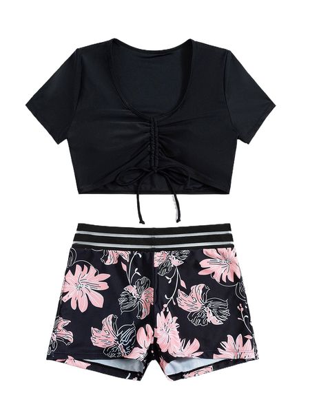 

floral print contrast mesh shorts bikini swimsuit p0dy#, White;black