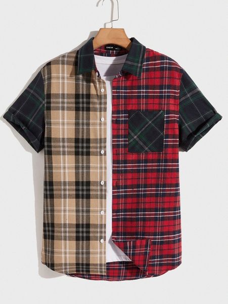 

men tartan print patch pocket shirt e4t8#, White;black