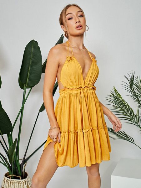 

self tie backless frill trim cami dress j7xo#, Black;gray