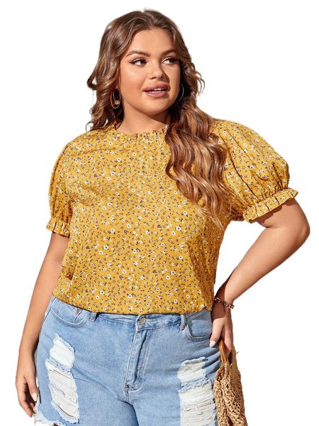 

plus ditsy floral print frilled neck puff sleeve blouse p5ag#, Black