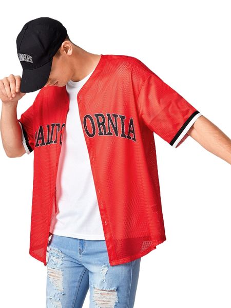 

men letter graphic striped trim drop shoulder mesh shirt a9ps#, White;black