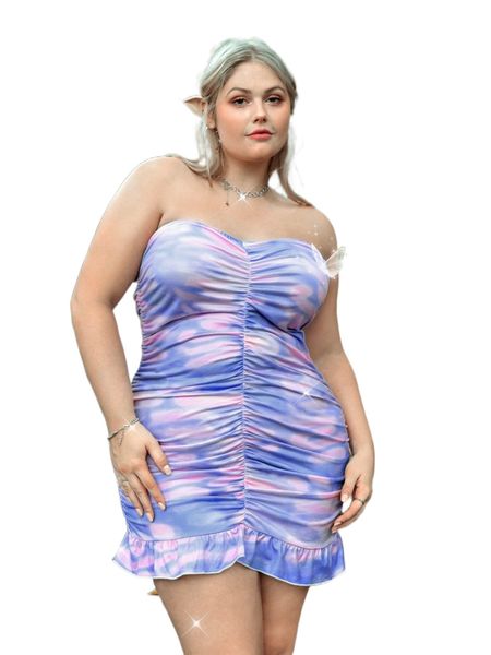 

fairy grunge plus tie dye ruched ruffle hem bodycon tube dress w3fo#, Black