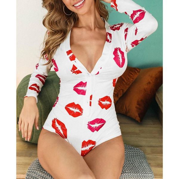 Macacões femininos macacões Mulheres Mulheres Manga longa Playsuit Lip Print Single Decoration Sexy Deep V Neck Neck Summer 2022 Girls Young Style C