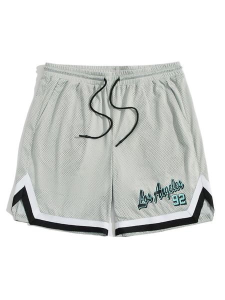 

men letter graphic striped trim drawstring waist shorts p6wu#, White;black
