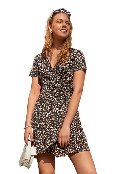 

ditsy floral print wrap dress j2ob#, Black;gray