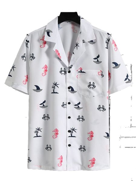 

men tropical print pocket front lapel neck shirt g9js#, White;black