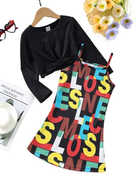 

toddler girls letter graphic cami dress & tie hem tee x3af#, Black;white