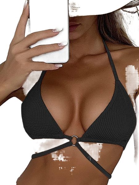 

plain textured halter triangle bikini p7pm#, White;black