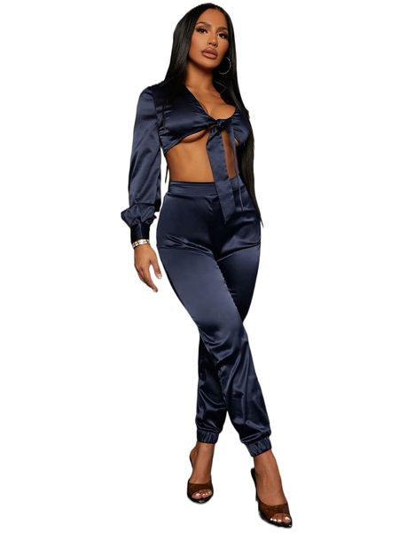 

sxy knot front crop satin & pants f9qj#, White