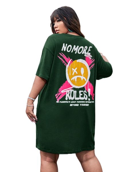 

plus drop shoulder cartoon and slogan graphic tee dress 405h#, Black