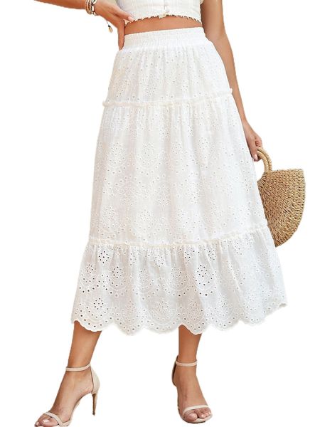 

high waist frill eyelet embroidery ruffle hem skirt h6n0#, Black