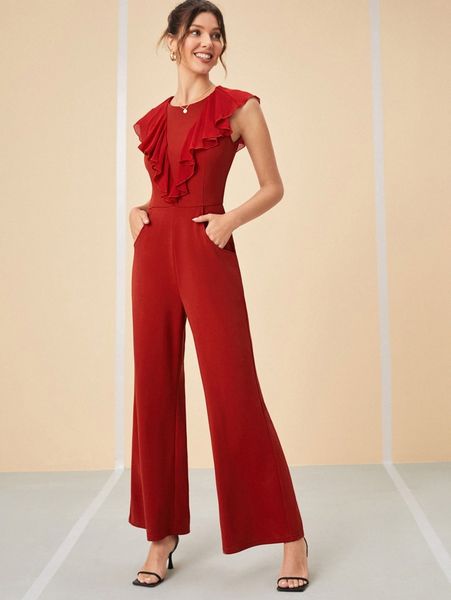 

x nunette solid ruffle trim flare leg jumpsuit s41e#, Black;white