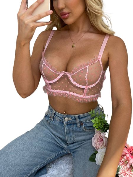 

heart print mesh frill trim underwire bra 98jp#, Black;red