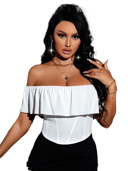 

sxy off shoulder ruffle trim blouse p9fp#, White