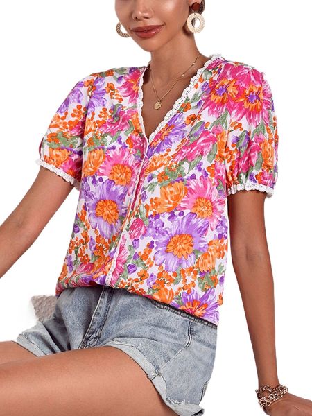 

floral print lace trim blouse c8os#, White