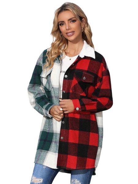 

plaid flap pocket overshirt with borg collar w9fy#, Black