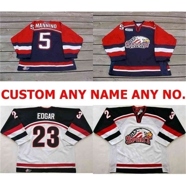 C26 Nik1 Maglia personalizzata OHL Saginaw Spirit 5 Mannino 23 Edgar Uomo Donna Bambino Maglia da hockey su ghiaccio cucita Personalizzata Qualsiasi nome NO.Goalit Cut Jerseys