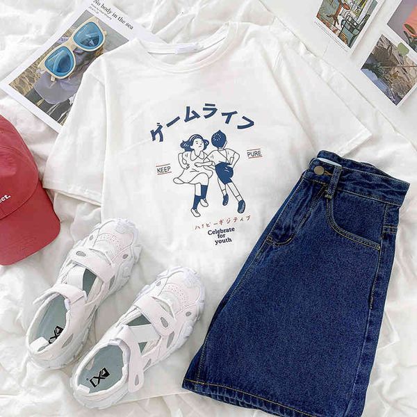 

women's t-shirt 2022 nostalgic childish print summer round neck cotton loose slim casual versatile short sleeve fa3v, White