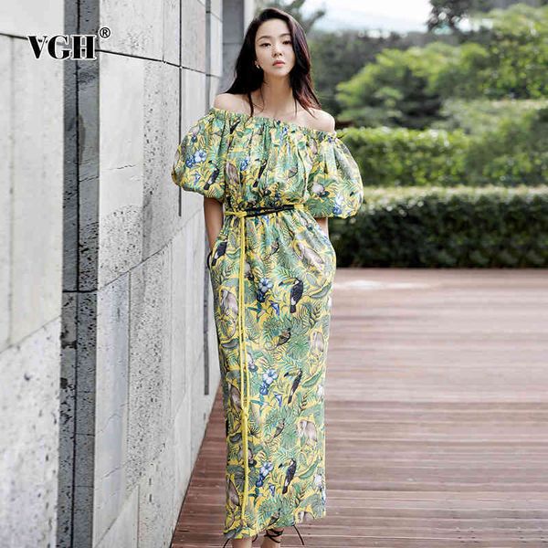 

printed floral dress for women slash neck puff sleeve high waist lace up bowknot midi dresses female fashion 210507, Black;gray