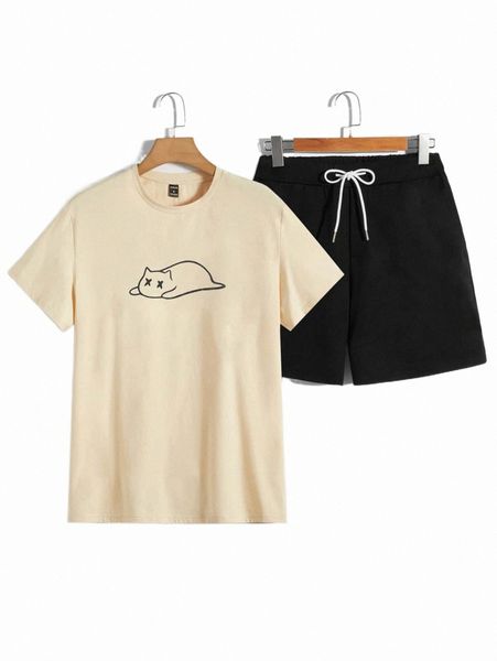 

men cartoon graphic tee & drawstring waist shorts t9z1#, Gray