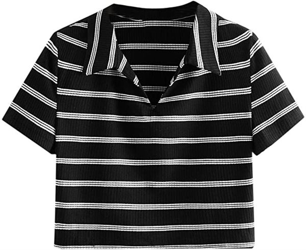 

women's & tees collar half button short sleeve striped crop t-shirt, White
