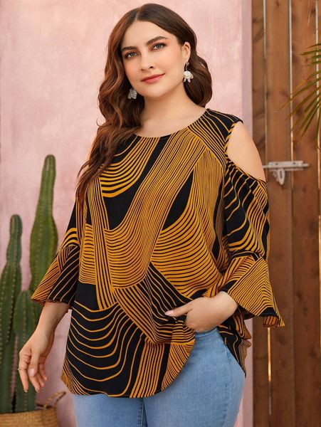 

plus graphic print cold shoulder flounce sleeve blouse w29x#, Black