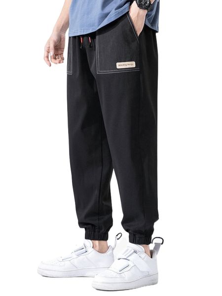 

men letter patched detail drawstring waist joggers 92wp#, Black