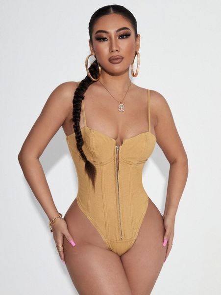 

zip up bustier denim cami bodysuit v2xa#, Black;white