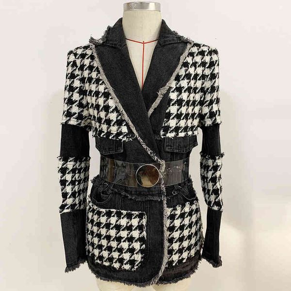 

women's suits & blazers 2022 autumn and winter coat fashion trend tweed thousand bird denim splicing suit with belt xslj, White;black