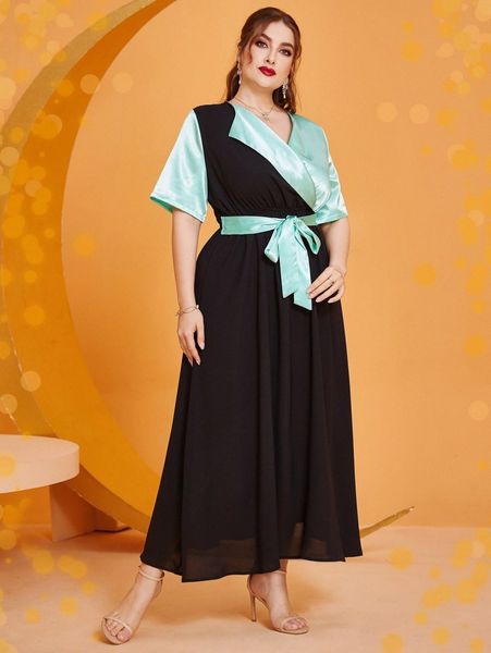 

plus two tone belted dress s8nb#, Black