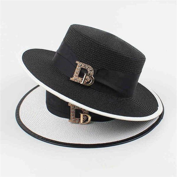 

panama fashion ladies elegant raffia straw hat rhinestone letters vacation travel ladies summer er banquet hat y2205y, Blue;gray
