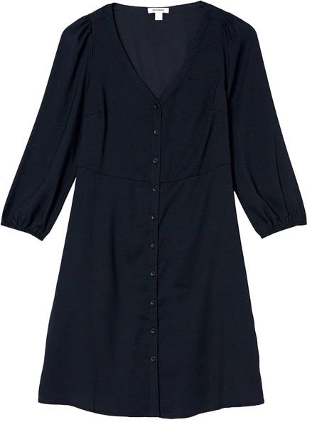 

women's georgette 3/4-sleeve button-front dress 30bp#, Black;gray