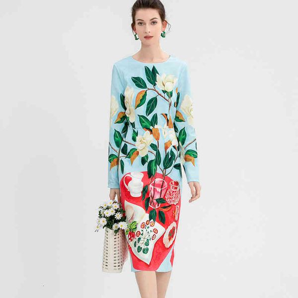 

casual dresses european and american printed dress round neck pullover long sleeve skirt decor back fork women's dress dm12, Black;gray