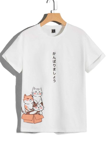 

men cat & slogan graphic roll up sleeve tee 74n2#, White;black