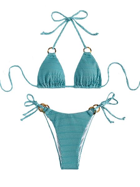 

textured ring linked halter triangle bikini swimsuit u6p3#, White;black