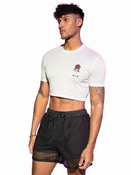 

men rose & japanese letter graphic crop tee & drawstring waist shorts b9jp#, Gray