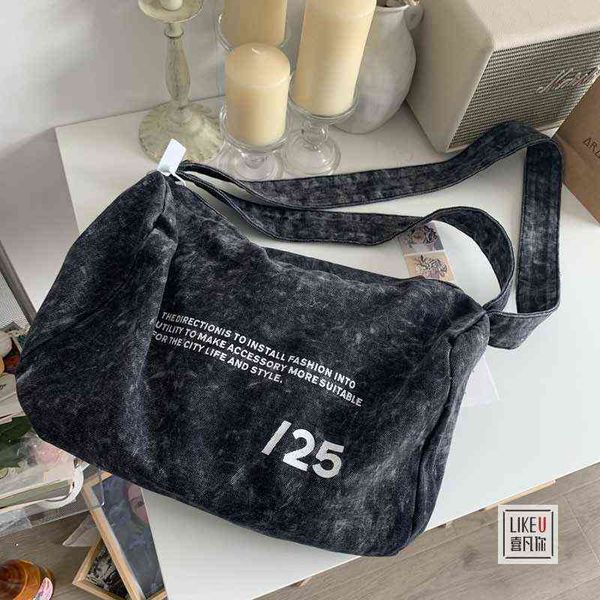 

denim korean letter canvas crossbody bags for women large capacity back to work lady shoulder bag weekend study student handbag 220512