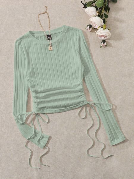 

drawstring side ruched ribbed knit tee l7xq#, White