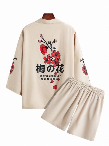 

men japanese letter & floral print kimono & drawstring waist shorts without tee b9lg#, Gray