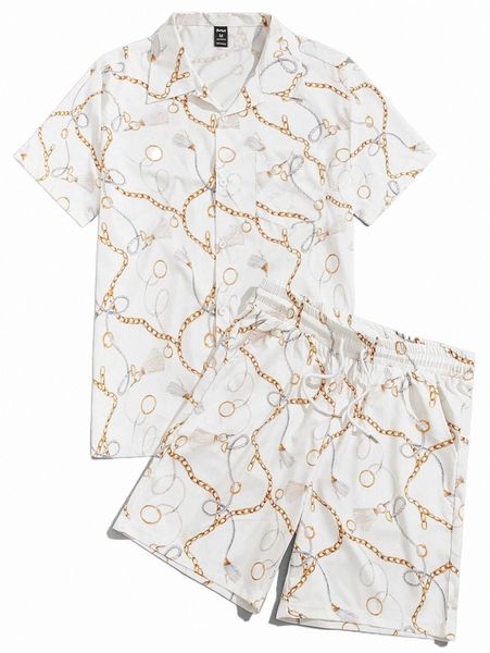 

romwe guys chain print shirt & drawstring shorts a67t#, Gray