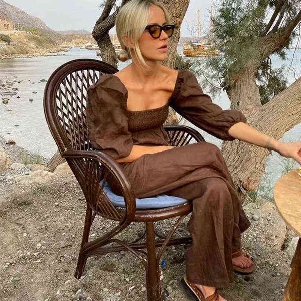 

half sleeve cotton wide leg jumpsuits overalls women square collar brown autumn elastic jumpsuits new one piece l220714, Black;white