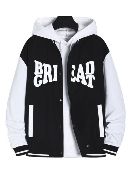

men letter graphic colorblock drop shoulder bomber jacket without hoodie o2dt#, Black;brown