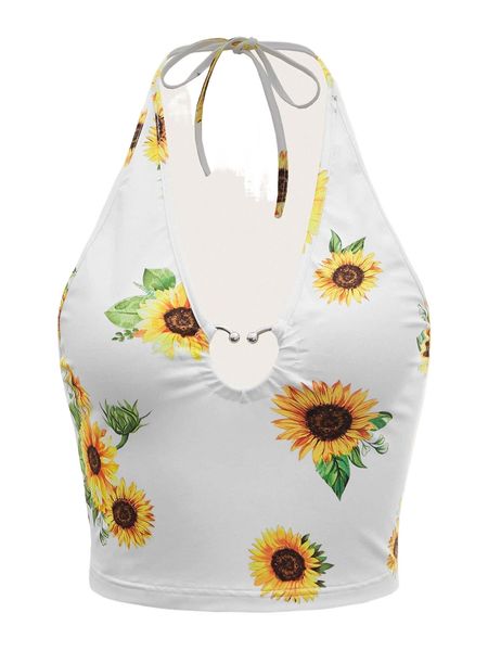 

halter neck ruched bust ring lace up backless crop 26ri#, White