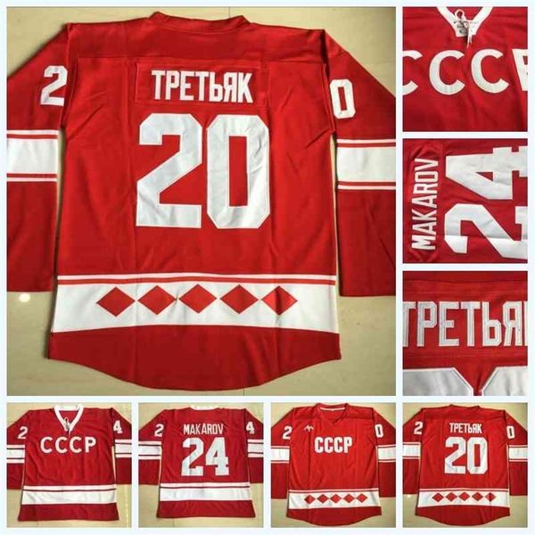 CeoC202 Maglia da uomo 20 Vladislav Tretiak Russia 24 Maglia da hockey Sergei Makarov 1980 CCCP Doppia cucitura Nome e numero