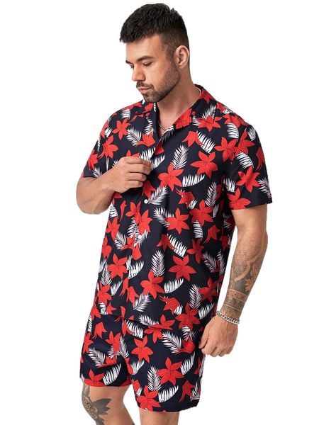 

extended sizes men tropical print shirt & shorts v7bn#, Gray