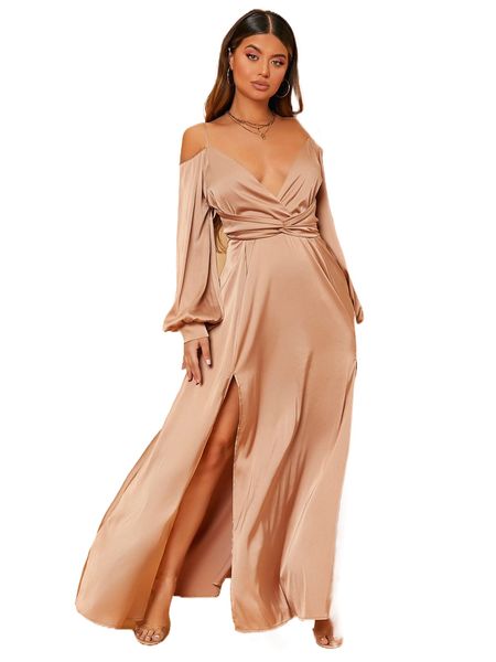 

cold shoulder split thigh dress w7mw#, Black;gray