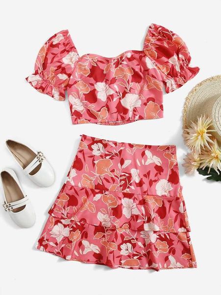 

teen girls shirred back floral & layered skirt she, White