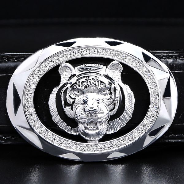 

crocodile leather belt men's high-end brand genuine smooth buckle tiger head business 3.8cm width mens womens big fashion belts genuine, Black;brown