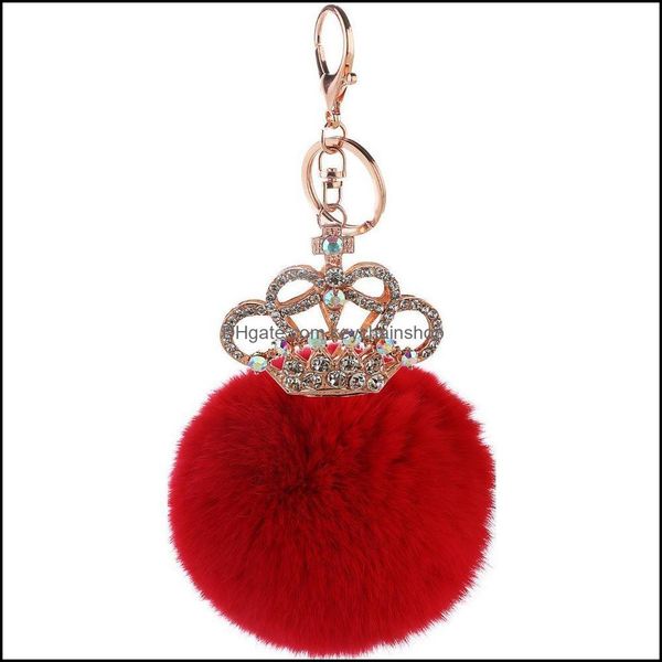 

key rings jewelry rhinestone crown keychain keyring fur ball chain pom chains fluffy porte clef pompom de fo dhtek, Slivery;golden